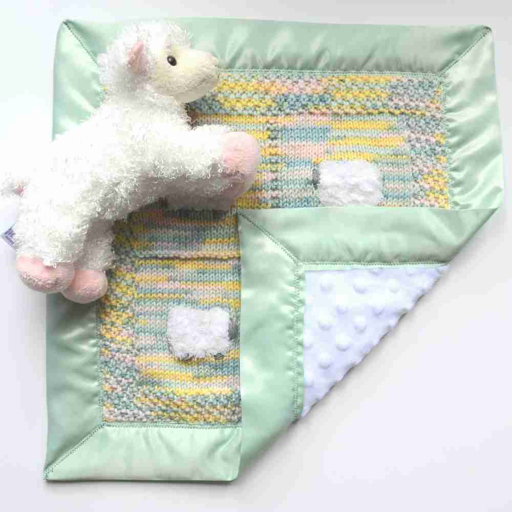 Multicolor lovey with a sheep doll - a lovey is a small handmade baby blanket with a minky back and satin border.