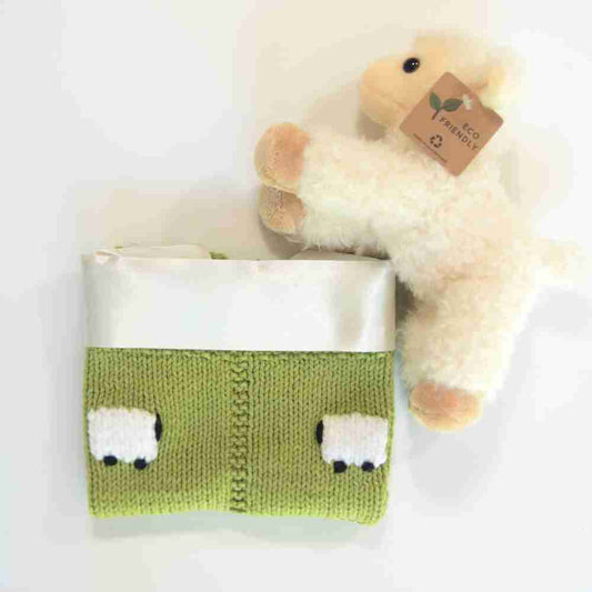 All-cotton green baby lovey with a fluffy sheep doll