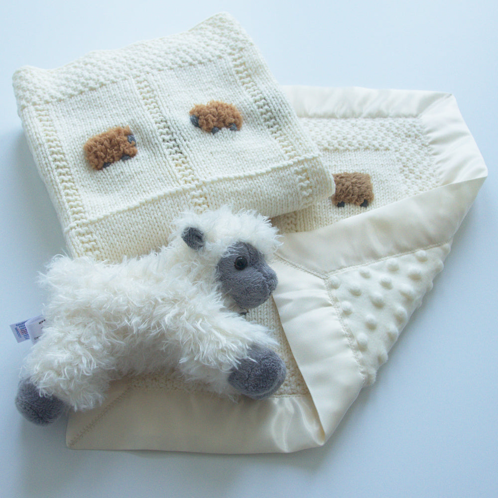 Luxury baby blanket gift set - vanilla with coffee-colored fluffy sheep. Includes a full-size blanket and baby lovey blanket.