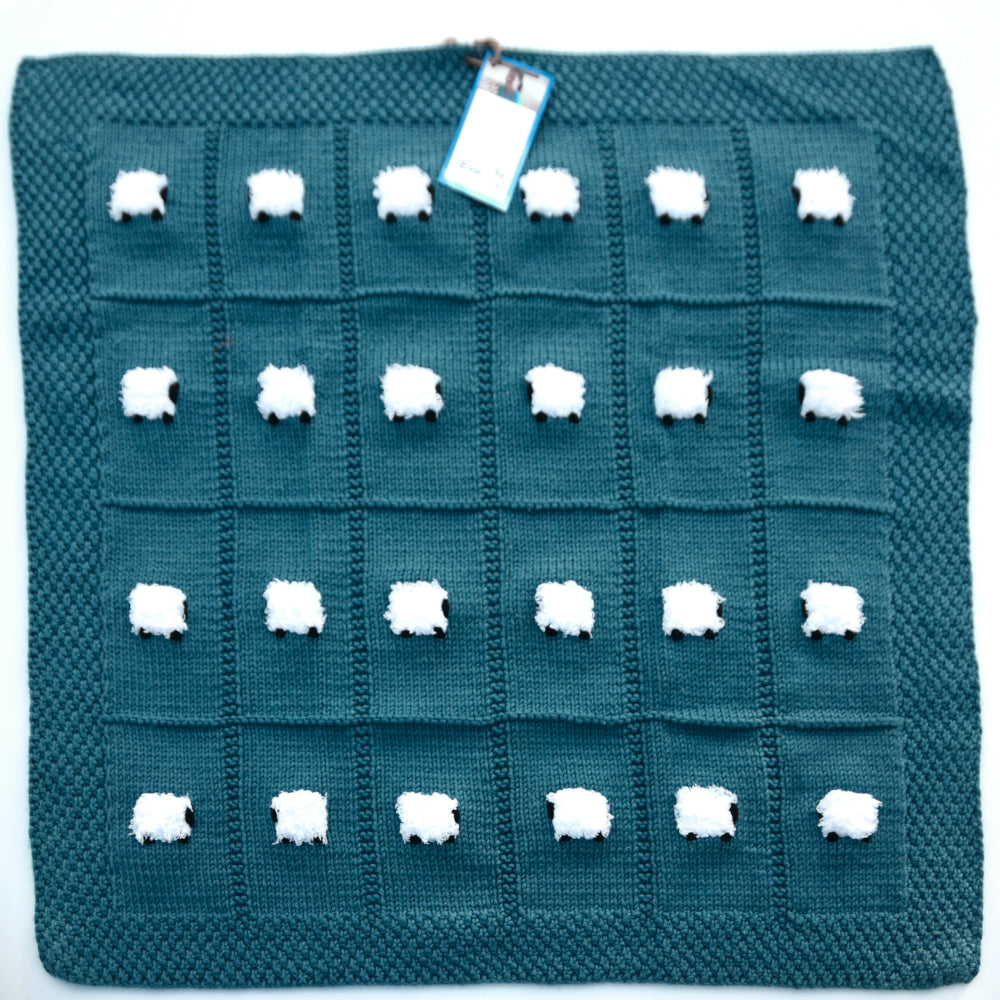 Chunky cadet blue baby blanket with 24 fluffy sheep.
