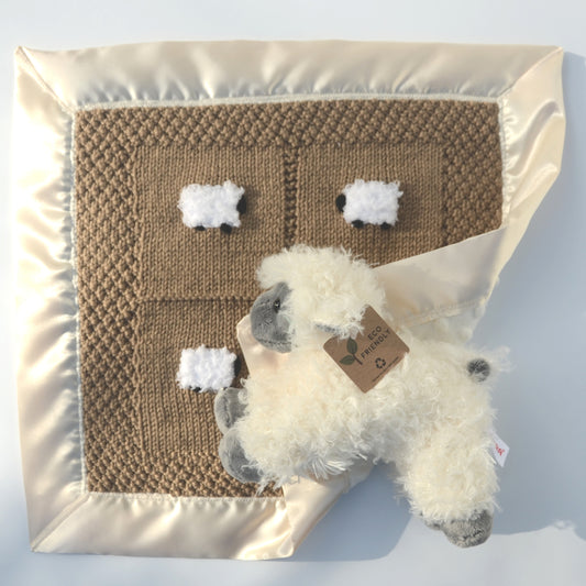 Dark khaki baby lovey with a fluffy sheep doll.