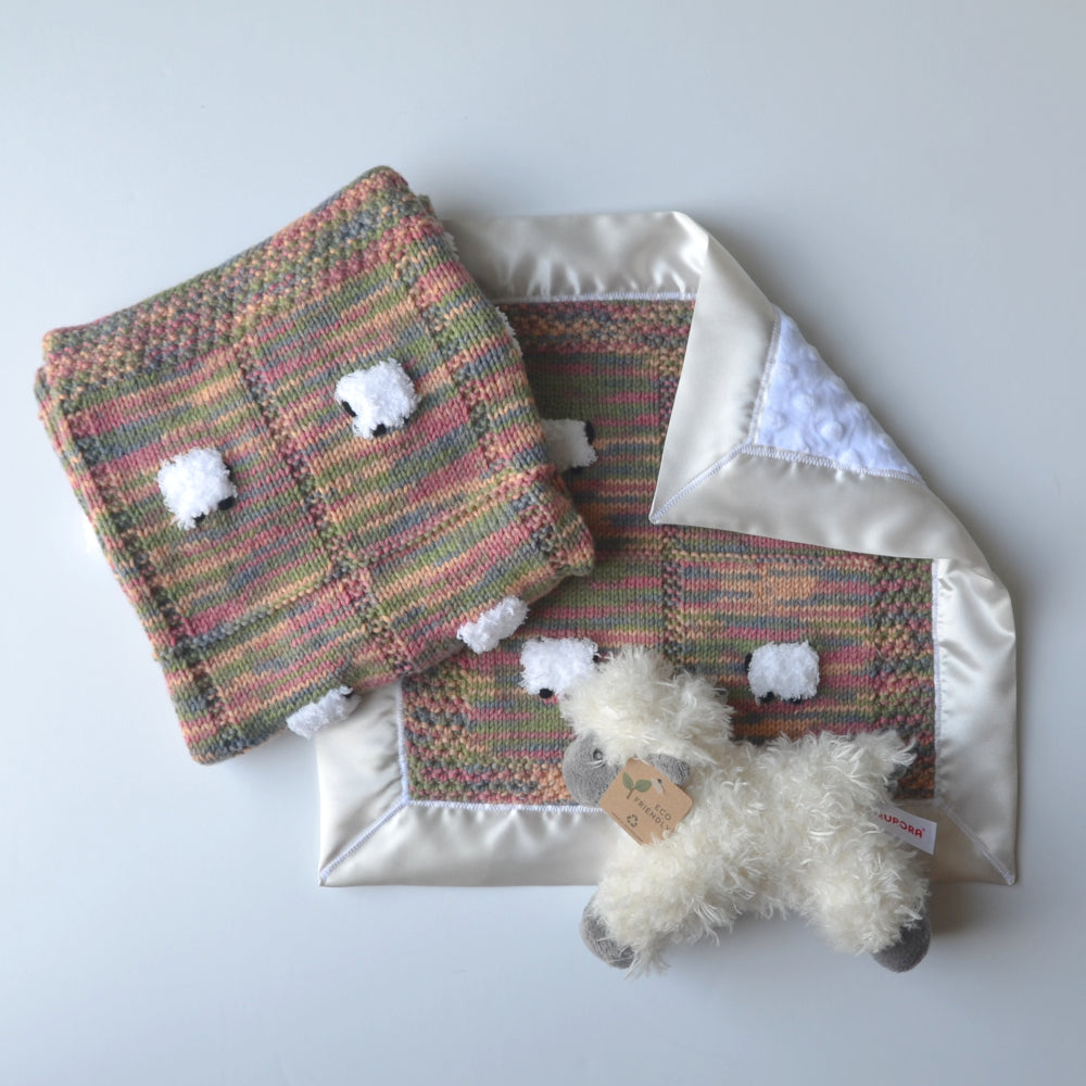 Multicolor soft baby blanket gift set with blanket, lovey, and sheep doll. The knitting colors are green, gold, salmon, and slate blue.