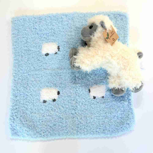 Plush sherpa lovey in baby blue with a fluffy sheep doll