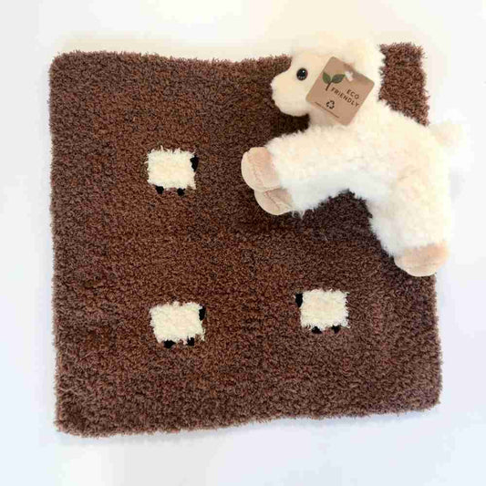 chocolate brown sherpa lovey for baby with a fluffy sheep doll