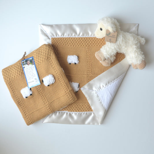 Baby gift set in color 'Coffee Milk' with a blanket, lovey, and tan-tinged sheep doll
