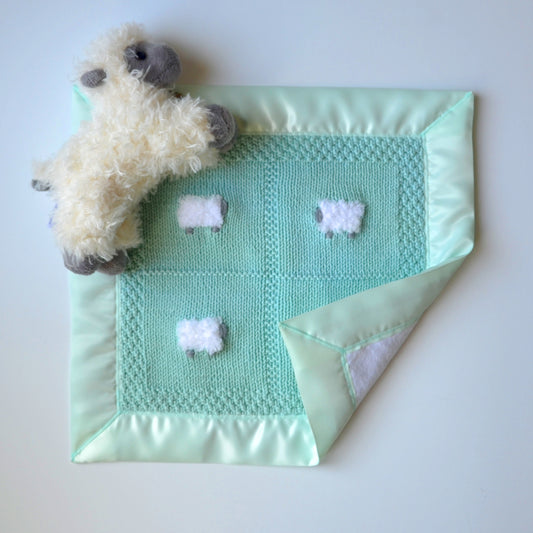 Aqua baby lovey with a fluffy sheep doll and organic flannel back.
