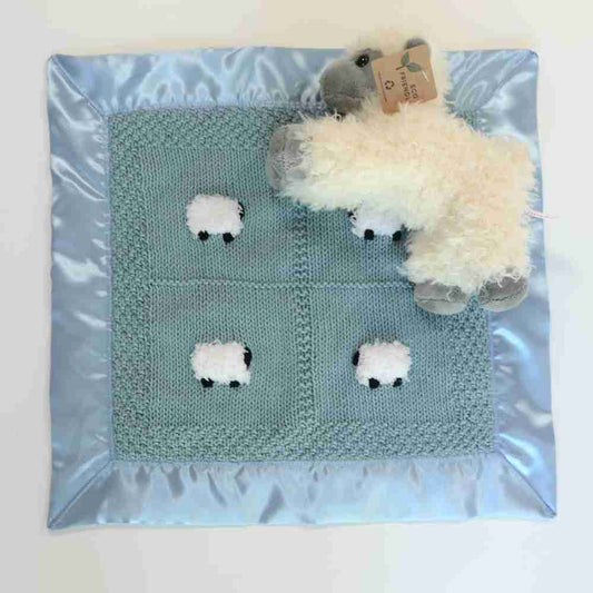 Moonstone blue baby lovey with a fluffy sheep doll