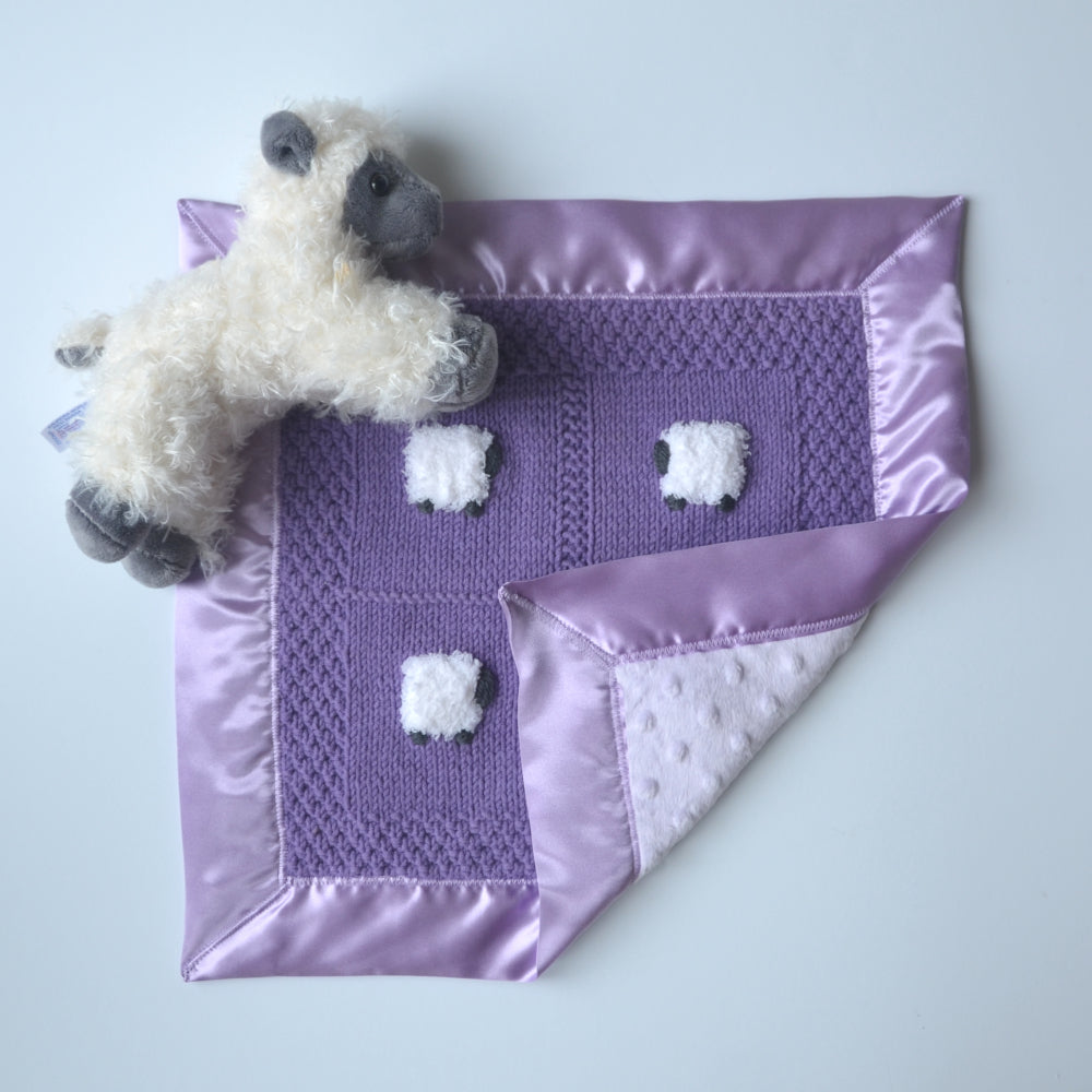 Dusty grape lovey blanket with sheep doll.
