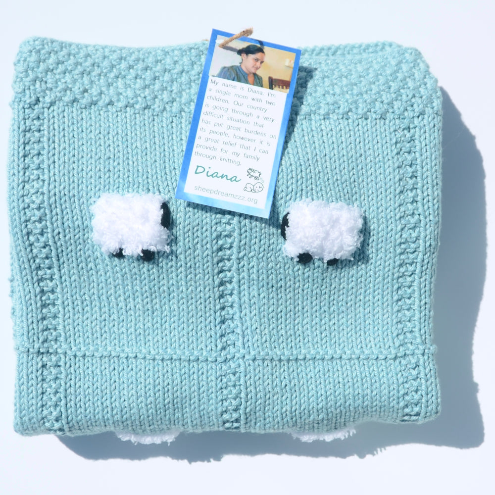 Arctic blue pima cotton baby blanket, handmade with 24 fluffy sheep