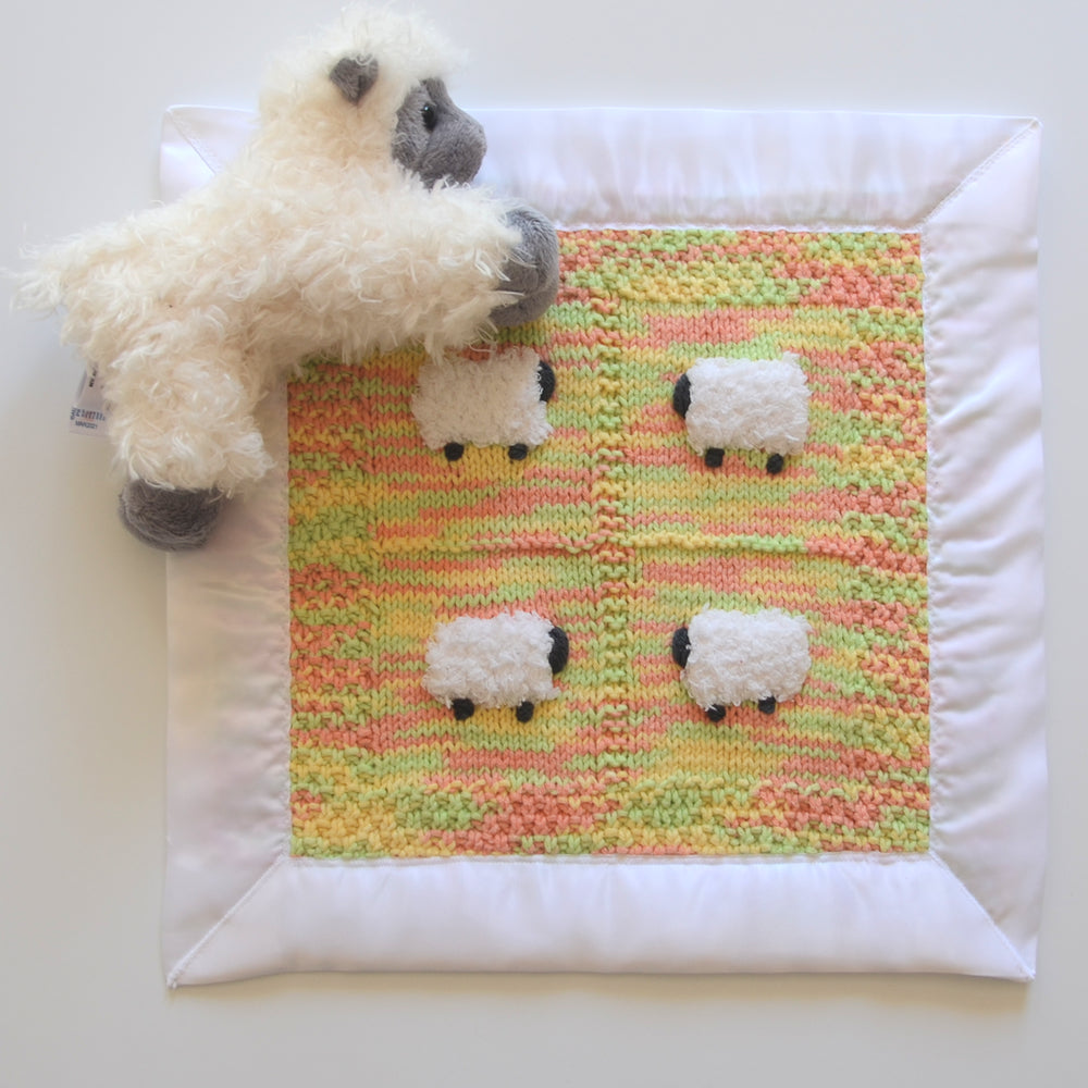 Lemon lime orange sherbet baby lovey security blanket with sheep doll.